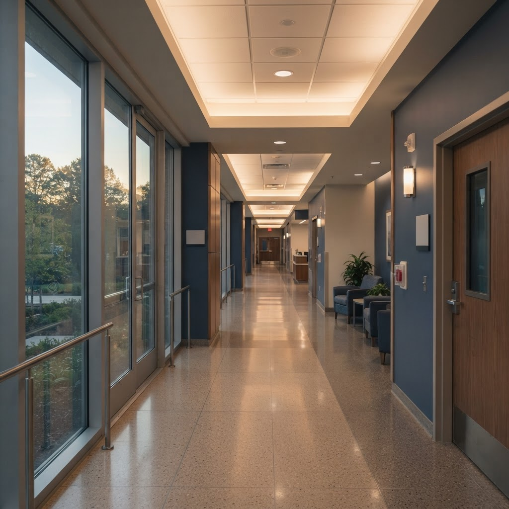 Calm, early-morning healthcare corridor conveying stable, well-run operations